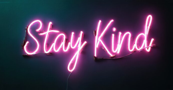 Bright pink neon sign displays Stay Kind. Dark background creates dramatic visual impact. Simple message promotes positivity, compassion.