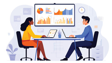 Two diverse business colleagues analyzing complex data on a large dashboard with charts and graphs. Teamwork and strategy concept vector illustration