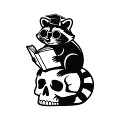 Fototapeta premium Raccoon wearing graduation cap and glasses reading a book on a skull vector illustration
