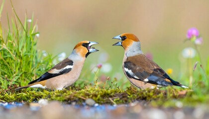 Two finches, with open beaks, stand amidst greenery and wildflowers, showcasing a vibrant natural scene.