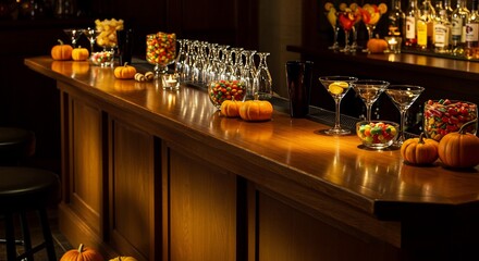 A wooden bar with pumpkins candies and martini glasses
