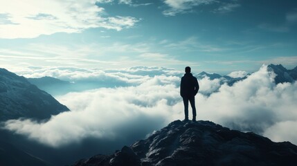 Person Standing on Mountain Peak Surrounded by Clouds at Dusk