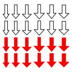 Set of red arrows pointing downwards. Downward trend graphic. Line down arrow editable. Vector illustration