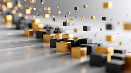 Abstract geometric design of black and gold cubes on a light gray surface