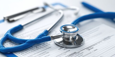 The stethoscope and medical paperwork on a health care desk setting.