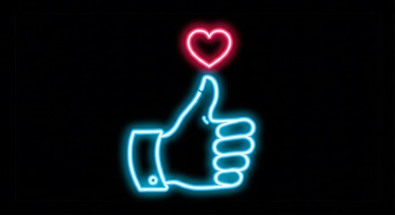 Neon thumbs up and heart symbol on black background