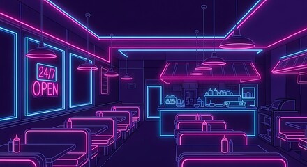 Retro diner with neon lights and purple and blue glow