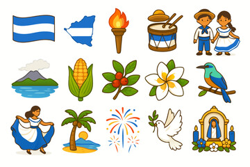 Flat Vector Icons for Nicaragua Independence Day Featuring National Symbols Like Flag, Torch, Traditional Costumes, Volcano With Lake, Coffee Branch, Sacuanjoche Flower, Guardabarranco Bird
