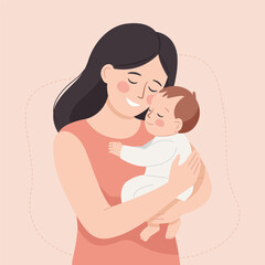 A young mother with long dark hair holds her baby dressed in a white jumpsuit. The mother smiles, hugs the happy baby, takes care of him.