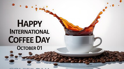 Happy international coffee day poster with splashing coffee and roasted beans around