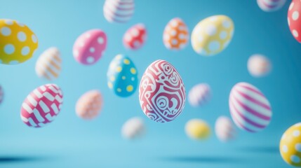 Fototapeta premium Colorful Easter Eggs Floating Against a Bright Blue Background