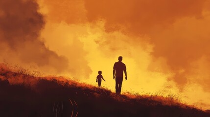 Fototapeta premium Silhouette of a Parent and Child Walking at Sunset in Nature Scene