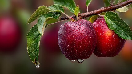 Freshly Picked Red Apples with Water Droplets on a Branch in Orchard