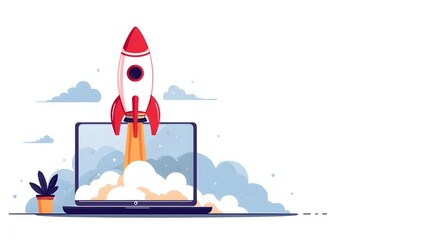 Startup Concept Illustration &ndash; Rocket Launching from Laptop Screen, Flat Minimal Style, Modern Colors, White Background