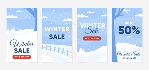 Vertical Winter sale background set with snowy landscape. Vector illustration for banners, promotions, social media