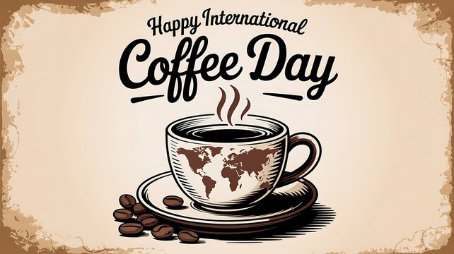 Happy international coffee day with a cup of coffee and beans on a vintage background