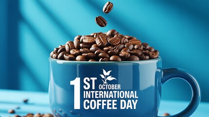 Celebrating international coffee day with a blue mug filled with coffee beans