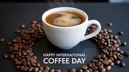 A white mug of coffee surrounded by coffee beans on international coffee day