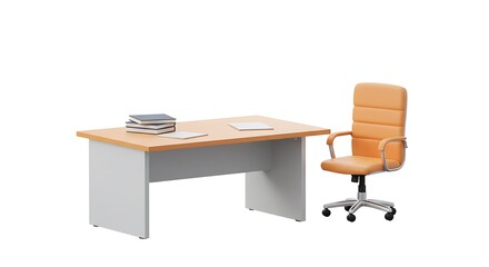 empty office table with an office chair on the right side, against a pure white background, ample copy space on the left for text. ,isolated on bright background, 3d cartoon illustration,