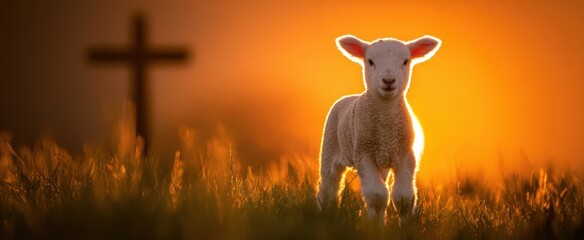 The adorable lamb standing in golden light near a cross.