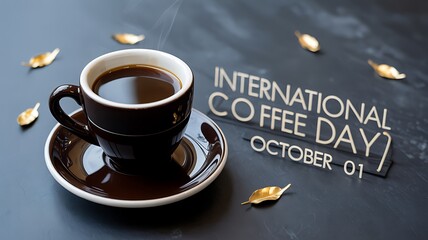 A cup of coffee and a sign for international coffee day on october the first