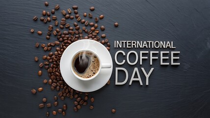 International coffee day with cup of coffee and beans on a dark background view