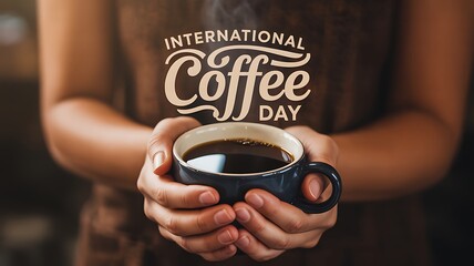 Person holding a steaming cup of coffee with international coffee day text overlay