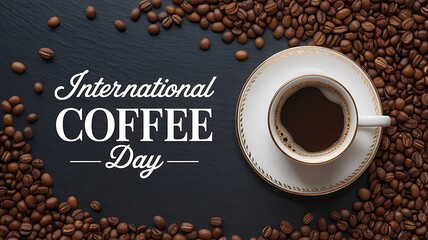 A cup of coffee with coffee beans and international coffee day text on background