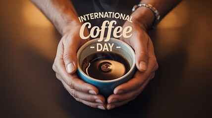 Hands holding a blue cup of coffee for international coffee day celebration event