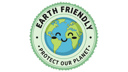 Vector badge design with a happy smiling planet Earth character. Green circular emblem promoting eco friendly concepts and environmental protection