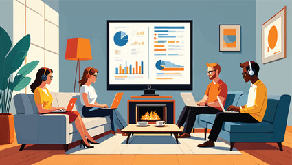 A diverse business team collaborates in a modern living room workspace, analyzing data dashboards and infographics on a large screen. Vector illustration