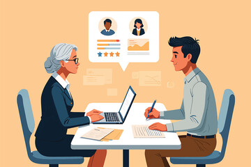 Conceptual illustration of a job interview with an HR manager evaluating a candidate's profile and resume for a corporate position