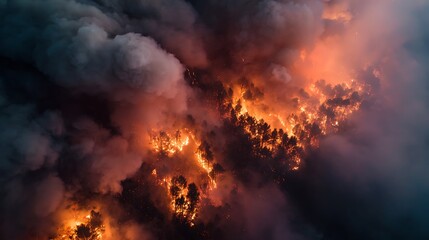 **A Dramatic Cinematic Aerial Photograph Of A Dense Forest Wildfire Captured From Drone View, Massive Flames Consuming Tree Canopy, Black Smoke Clouds Rising Into The Sky, Glowing Orange Cracks In The