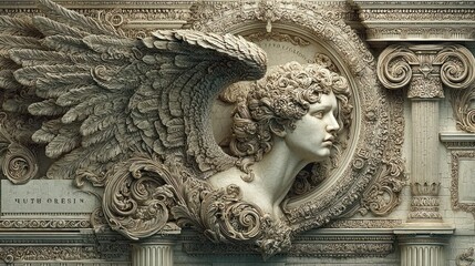 Ornate sculpted angel profile, detailed relief, classical style
