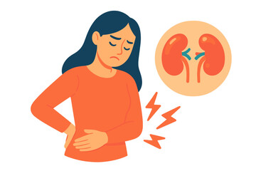 Woman experiencing kidney pain while holding her lower back kidney pain illustration