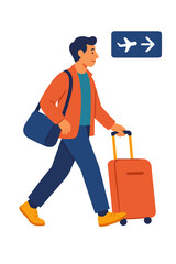 Young man walking with suitcase towards airport departure sign man walking through airport