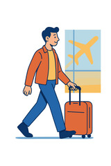 Man walking with suitcase at airport terminal under airplane silhouette man walking through airport