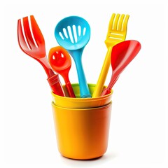 Colorful plastic kitchen utensils in an orange cup