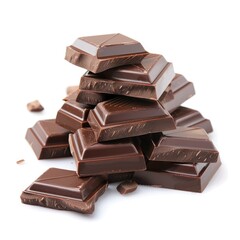 Dark chocolate pieces stacked and scattered
