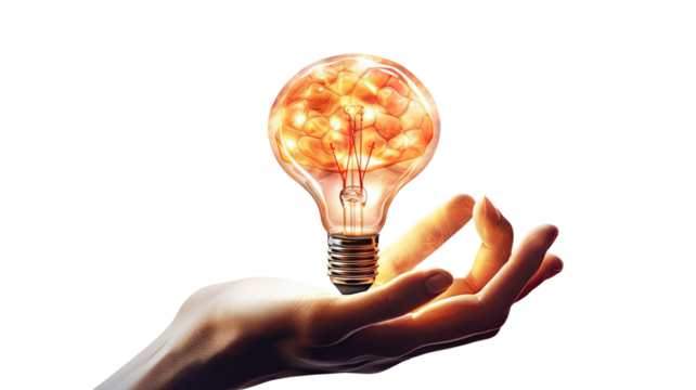 Innovation idea symbol with hand putting glowing bulb in human brain on white background