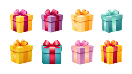 Assorted festive gift boxes wrapped with colorful ribbons on white background