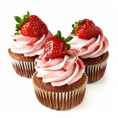 Three strawberry cupcakes with pink frosting, topped with fresh strawberries