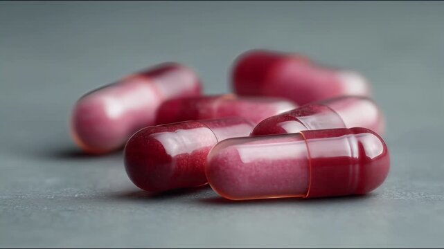 Vibrant red polyphenol supplement capsules on a clean gray background, perfect for commercial health, wellness, and nutrition marketing visuals