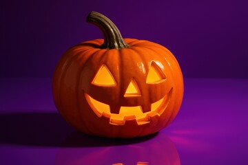 Glowing jack o lantern on purple background. Use for Halloween ads, seasonal marketing, spooky party invitations and autumn festival promotions
