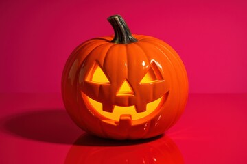 Obraz premium Glowing jack o lantern with reflection. Use for digital ads, seasonal website banners, party invitations and Halloween themed print campaigns 