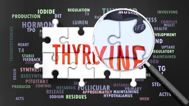 Thyroxine under magnifying glass, being researched, studied and examined. Most important subjects and ideas closely related to thyroxine written around a puzzle.Can be looped.