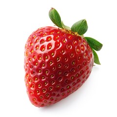 Single, vibrant red strawberry, glossy skin, tiny seeds, green leaves