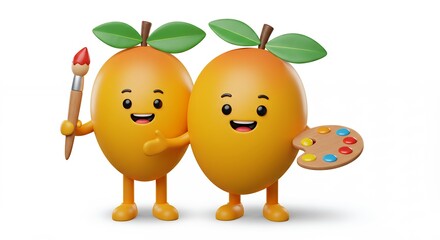 Fototapeta premium Cheerful cartoon mango characters holding art supplies