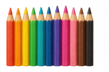 Colorful pencils arranged in a rainbow spectrum stand on a transparent background, ready for creative expression