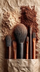 Makeup brushes and powder on brown paper